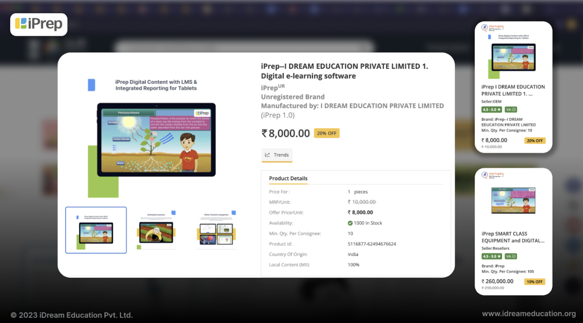 iPrep Digital e-learning Software, Smart Class Equipment with digital content software, and Tablets integrated with e-learning content and reporting analytics on the GeM Portal